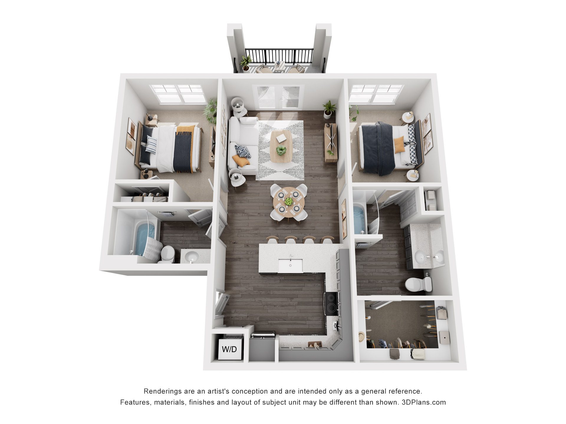 Floor plan for 2 beds, 2 baths, 990 sqft